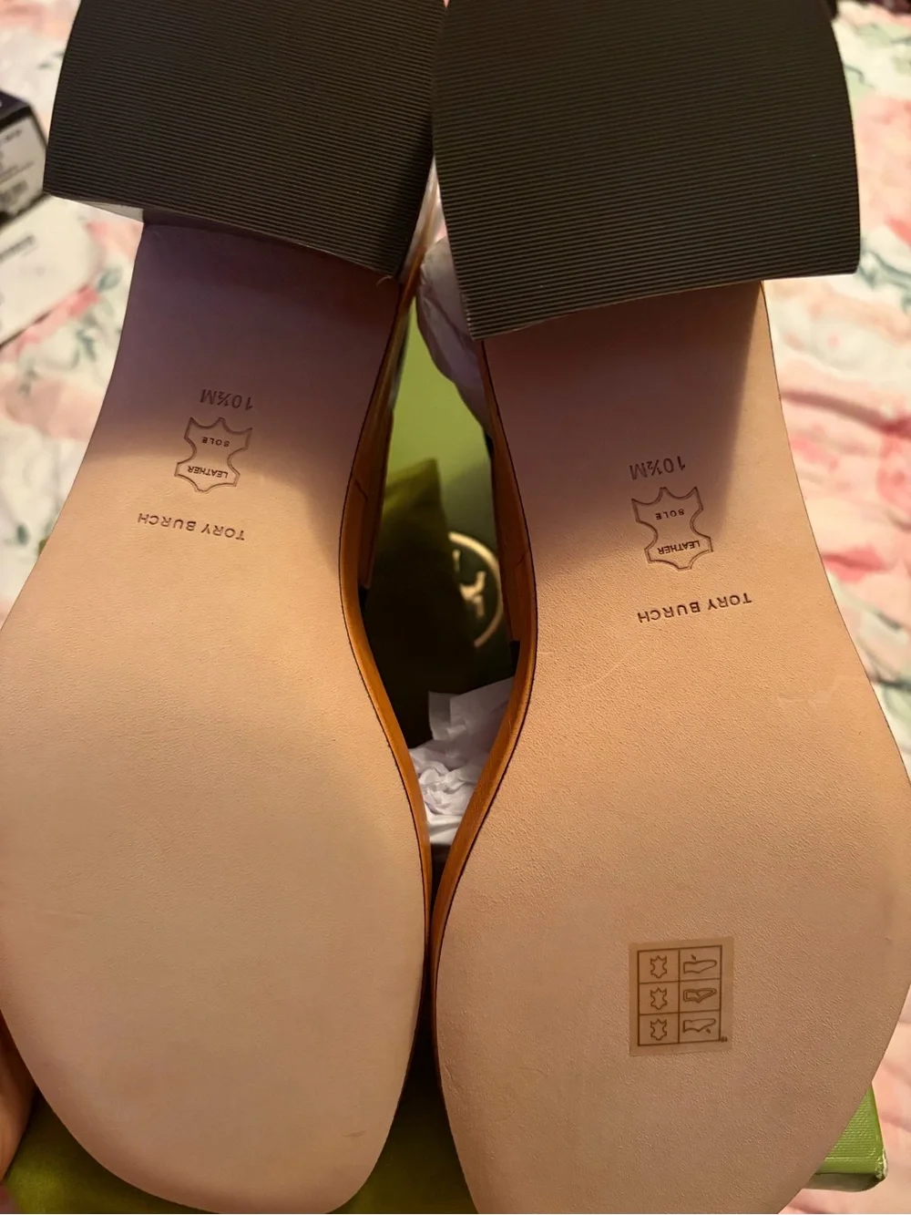 Tory Burch Camel Leather Block Heel Sandals with Gold Logo